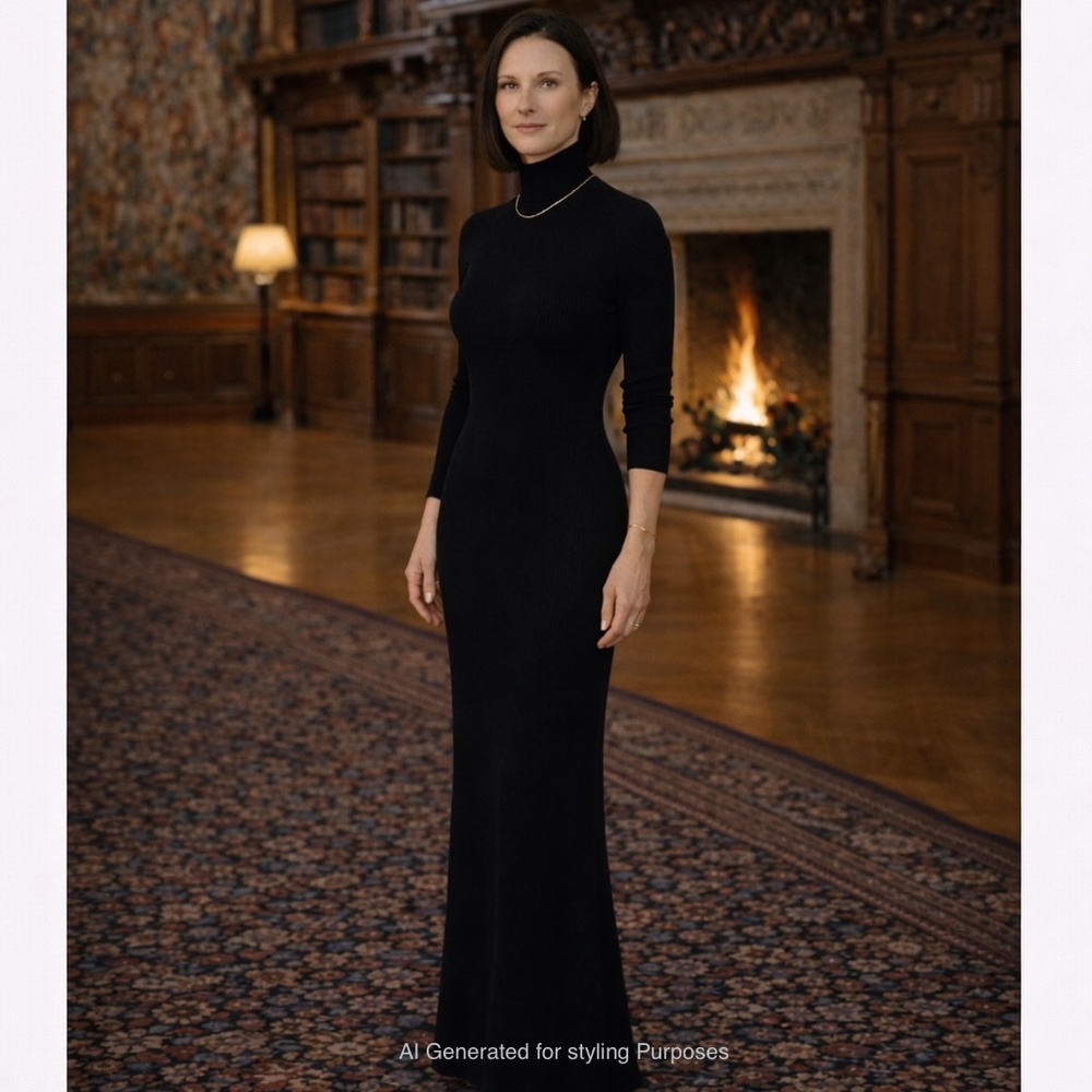 Black Ribbed Knit Turtleneck Midi Dress Long Sleeve Minimalist